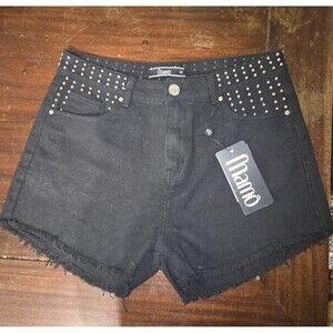 NWT Mamô Black Goth Biker Western Denim Silver Stud Shorts 32